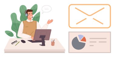 Male professional in headset assisting at desk with monitor, email icon, pie chart, and plants. Ideal for customer service, communication, teamwork, online support, digital marketing analytics