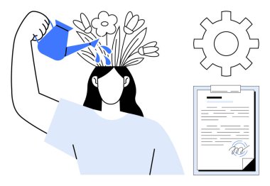 Woman nurturing personal growth with flowered hair represents self-development. Documents signify productivity, gear represents innovation. Ideal for creativity, mindfulness, learning, balance