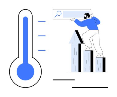 Man scaling bar graph with search bar overhead and thermometer denoting levels. Ideal for growth, success, analytics, goals, performance, research, motivation, simple flat metaphor