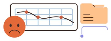 Downward graph trend with red points, sad face, and a file folder suggests failure, loss, or poor performance. Ideal for business, data, analysis, decline management error simple flat metaphor