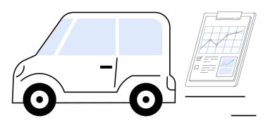 Small vehicle alongside clipboard with data charts and growth graph. Ideal for transportation, business, analytics, technology, eco-efficiency, automobile industry, strategic planning. Simple flat