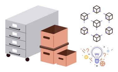 Metal cabinet, cardboard boxes, network structure, and lightbulb symbolizing data storage, connectivity, and creative ideas. Ideal for management, organization, technology innovation analysis