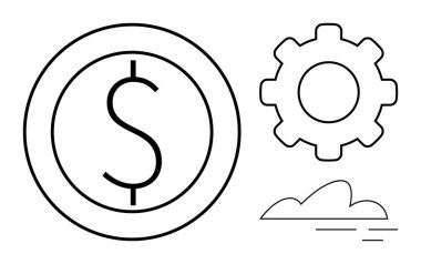 Dollar coin, gear, and cloud outline representing finance, technology, cloud computing, collaboration, economy, innovation efficiency. Ideal for business strategy fintech digital workflow