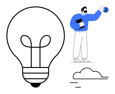 Man holding coin near large light bulb with clouds representing innovation, savings, and solutions. Ideal for finance, investment, creativity, business growth, strategy, problem-solving economics