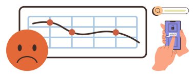 Downward trendline on graph, orange sad face, search bar, and hand unlocking smartphone. Ideal for finance, security, frustration, business loss economy strategy. Simple flat metaphor