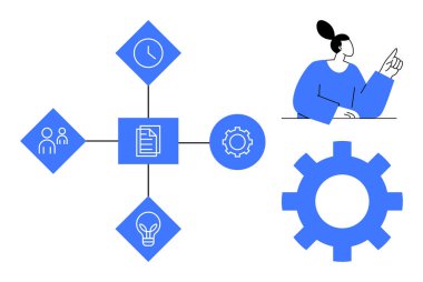 Person pointing at diagrams with icons of teamwork, time, settings, documents, and ideas, connected in a flow chart. Ideal for workflow, productivity, brainstorming collaboration innovation