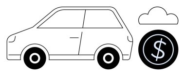 Minimalist car outlined beside a dollar-themed coin and cloud. Ideal for auto financing, car rental, insurance, savings, transportation budgeting, vehicle ownership, eco-friendly choices. Simple flat