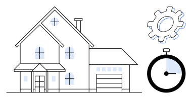 Two-story house with garage, complemented by a gear and stopwatch. Ideal for real estate, construction, time management, efficiency, housing industry, automation productivity. Simple flat metaphor