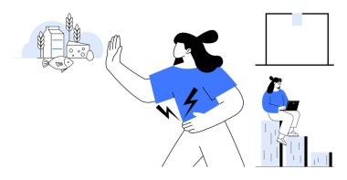 Woman rejecting allergens thumbs up milk and fish, clutching stomach in pain, emphasizing dietary awareness. Another woman works on a laptop. Ideal for health, allergy, diet, wellness, choices