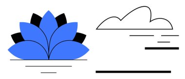 Blue and black lotus flower with abstracted water banks, paired with a linear cloud. Ideal for themes thumbs up tranquility, spirituality, nature, wellness, meditation, balance, and mindfulness