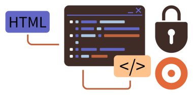 Code editor window with HTML and code tags connected to security lock and target. Ideal for web design, programming, cybersecurity, software development, IT education, digital innovation, simple flat