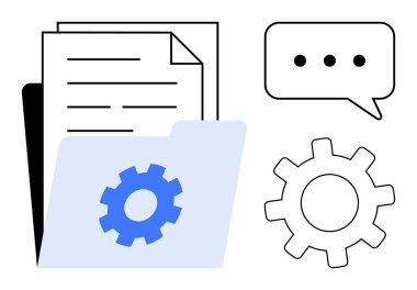 Folder with gear icon, documents, and speech bubble symbolizing file management, communication, teamwork, productivity, technical configuration, workflow, and digital tools in a simple flat metaphor