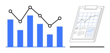 Bar chart and line graph depict data trends. Clipboard with report indicates information tracking and interpretation. Ideal for analytics, report, presentation, strategy, research, economy, planning