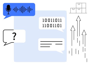 Speech bubble with microphone and sound waves, binary code, text messages, bar chart, growth arrows. Ideal for AI communication, data processing, technology innovation, analytics growth