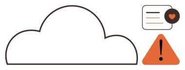 Cloud outline with a notification card and an orange warning triangle. Ideal for data storage, cloud computing, cyber security, online alerts, technology risks, digital safety, and simple flat