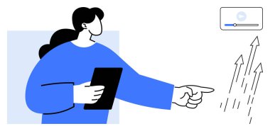 Female figure holding a tablet, pointing to upward arrows symbolizing growth. Video playback element added. Ideal for business, strategy, education, growth, leadership, training presentation in