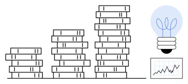 Stacks of coins increasing in height paired with a glowing lightbulb and a graph chart symbolizing financial growth, innovation, and success. Ideal for business, startups, investment, finance