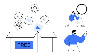 Open box labeled free releasing app icons such as heart, star, cart individuals exploring with a magnifying glass and pointing upward. Ideal for innovation, digital access, resources, search