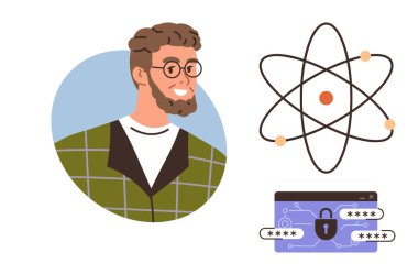 Man wearing glasses beside an atom icon and secure padlock with passwords, symbolizing science, innovation, and cybersecurity. Ideal for technology, education, research, data protection themes