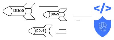 Missiles labeled DDoS move toward a shield with a code tag and fingerprint, symbolizing a protective barrier against cyber threats. Ideal for cybersecurity, online protection, tech defense, data