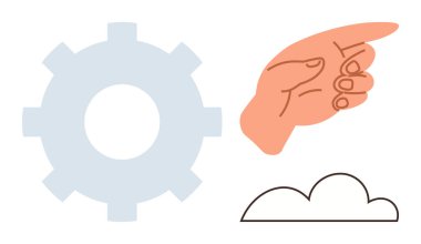 Gear symbolizes mechanism, hand demonstrates direction, cloud signifies ideas. Ideal for teamwork, innovation, technology, guidance, brainstorming navigation and connectivity. A simple flat