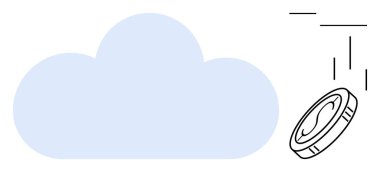 Soft blue cloud and falling coin emphasizing digital money, cloud storage, and futuristic technology. Ideal for finance, security, economy, innovation, data progress. Simplified flat metaphor