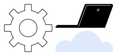Gear represents process, laptop suggests technology, and cloud depicts cloud services. Ideal for technology, innovation, automation, IT, cloud computing digital transformation efficiency. Simple