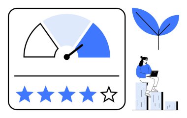 Speedometer and stars illustrate performance measurement and feedback. Woman uses laptop, paired with growing leaf for sustainability, growth. Ideal for business, productivity, ecology, user