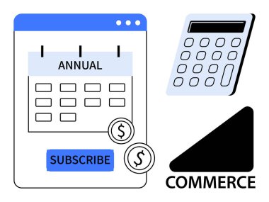 Annual payment calendar with subscribe button, calculator, and upward commerce growth icon. Ideal for subscription plans, finance, budgeting, marketing, business strategy, e-commerce growth simple
