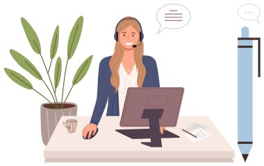 Woman wearing headset while using computer at desk with plant, mug, pen, and papers. Ideal for customer support, communication, remote work, professionalism, consulting online interaction service