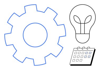 Large gear symbolizing process, light bulb for ideas, and calendar for organization and time management. Ideal for innovation, teamwork, productivity, creativity, planning, strategy and development