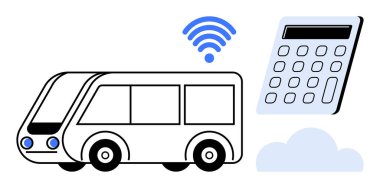 Electric bus with wireless signal, calculator, and cloud, representing connectivity, smart mobility, and digital payment. Ideal for public transport, technology, sustainability innovation smart