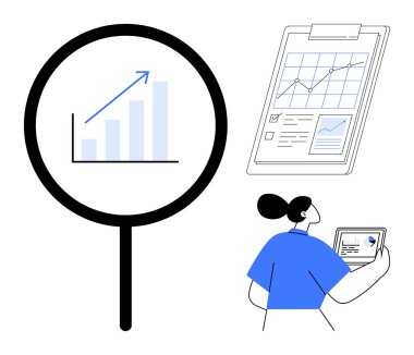 Magnifying glass over performance chart, analytical report on clipboard, professional examining tablet. Ideal for data management, business insight, market trends, research, digital tools