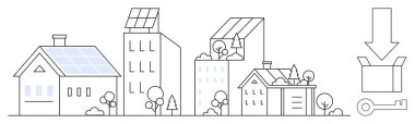 Solar panels on homes and buildings, trees, and energy symbols highlight renewable energy, eco-friendly development. Ideal for sustainability, urban planning, green living, technology, energy