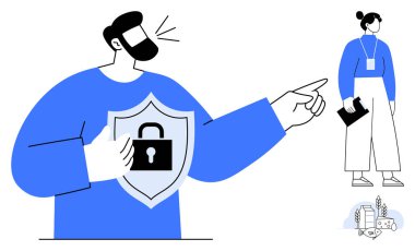 Man with shield and padlock gesturing for caution, woman with badge and tablet. Ideal for cybersecurity, data protection, online safety, technology, digital privacy, awareness education, simple flat