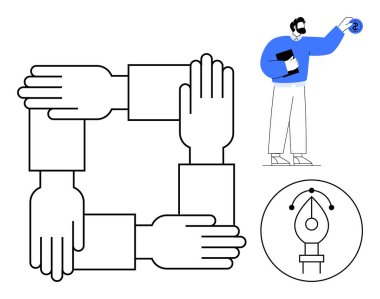 Interlinked hands forming a square, a person holding design tools, and a pen tool icon. Ideal for teamwork, unity, creativity, design, collaboration, communication teamwork synergy and partnership