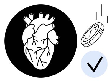 Anatomical human heart in black circle, a coin dropping, and blue checkmark. Ideal for healthcare, value of life, decision-making, ethics, finance organ donation or responsibility themes. Simple