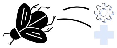 Fly in motion with trail lines next to a gear and medical cross. Ideal for pest control, biology, healthcare, disease prevention, technological innovation, mechanical solutions, simple flat metaphor