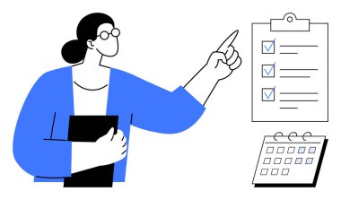Professional woman pointing at a clipboard checklist while holding a folder, next to a calendar. Ideal for productivity, time management, planning, organization, teamwork, education, business