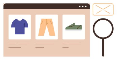 Digital product grid with fashion items displayed on a webpage, surrounded by magnifying glass and email elements. Ideal for online retail, shopping, user interface, e-commerce, marketing, customer