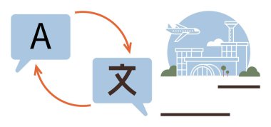 Speech bubbles with an arrow exchange between different languages, featuring an airport with a plane in flight. Ideal for travel, globalization, communication, language learning, tourism, technology