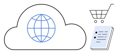 Cloud with globe icon signifying worldwide networking, shopping cart for ecommerce, documents for digital data. Ideal for cloud computing, ecommerce, globalization, data exchange, business