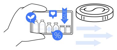 Hand holding smartphone displaying bottles with eco-friendly, sale, and discount tags, linked to digital coin and payment. Ideal for e-commerce, eco-consumption, fintech, marketing, online shopping