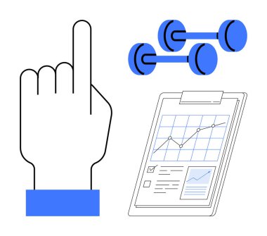 Hand pointing up, dumbbells signifying physical health, and a clipboard with performance graph. Ideal for fitness, goal tracking, motivation, self-improvement, planning, workout routines simple flat