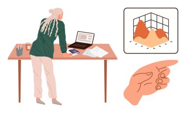 Person leaning over desk with laptop, papers, and reports. Graph visualization and pointing hand suggest analysis and decision-making. Ideal for data review, strategy, teamwork, focus, business