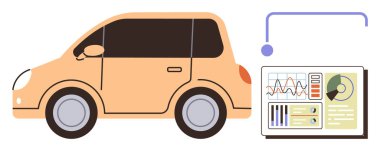 Small orange car linked to an interactive screen with charts, graphs, and performance indicators. Ideal for auto technology, diagnostics, data analytics, IoT, innovation, eco-driving simple flat