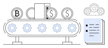 Conveyor belt with gears processing Bitcoin, dollar coins, documents, and cloud settings. Ideal for automation, finance, cryptocurrency, innovation fintech productivity digital economy. Simple