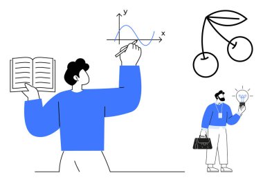 Person writing graph equation while holding open book, cherry sketch, businessman holding lightbulb. Ideal for education, creativity, innovation, business, teamwork, problem-solving modern design