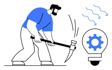 Man wielding a hammer strikes a gear-filled lightbulb, representing innovative problem-solving, determination, and entrepreneurship. Ideal for innovation, effort, creativity, hard work