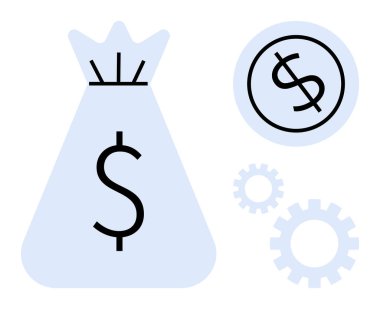 Money bag and dollar coin next to gears conveying finance, business, growth, savings, investment, wealth, and systems. Ideal for business, banking economics planning trade currency wealth